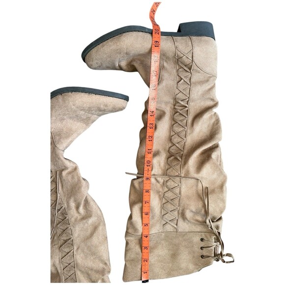 Womens Over The Knee Boots 8.5 Tan Suede Lace Back Flat Riding Slouchy Tall Boot - Picture 11 of 14